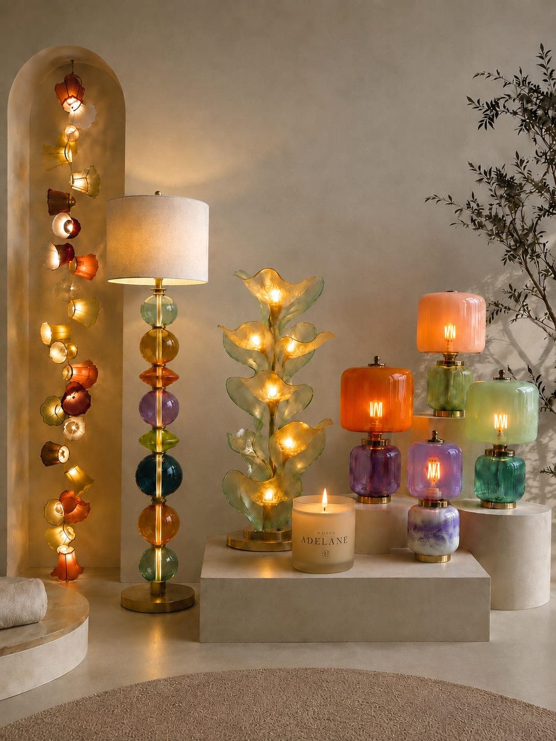 Composition de lampes en verre coloré et bougie Maison Adelane — image d’univers